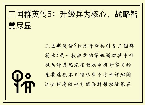 三国群英传5：升级兵为核心，战略智慧尽显